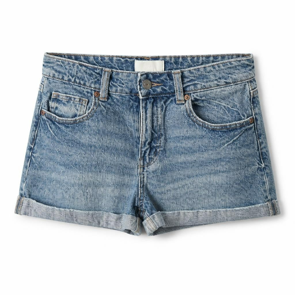 H&M light wash denim cut-off shorts - white studio shot, second-hand at Why Go Less, Dekwaneh, Lebanon