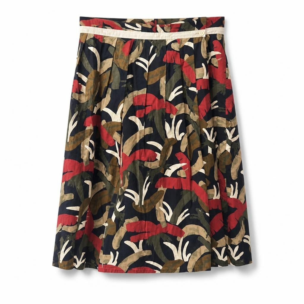 Tropical print midi skirt navy red multicolor - white studio shot, second-hand at Why Go Less, Dekwaneh, Lebanon