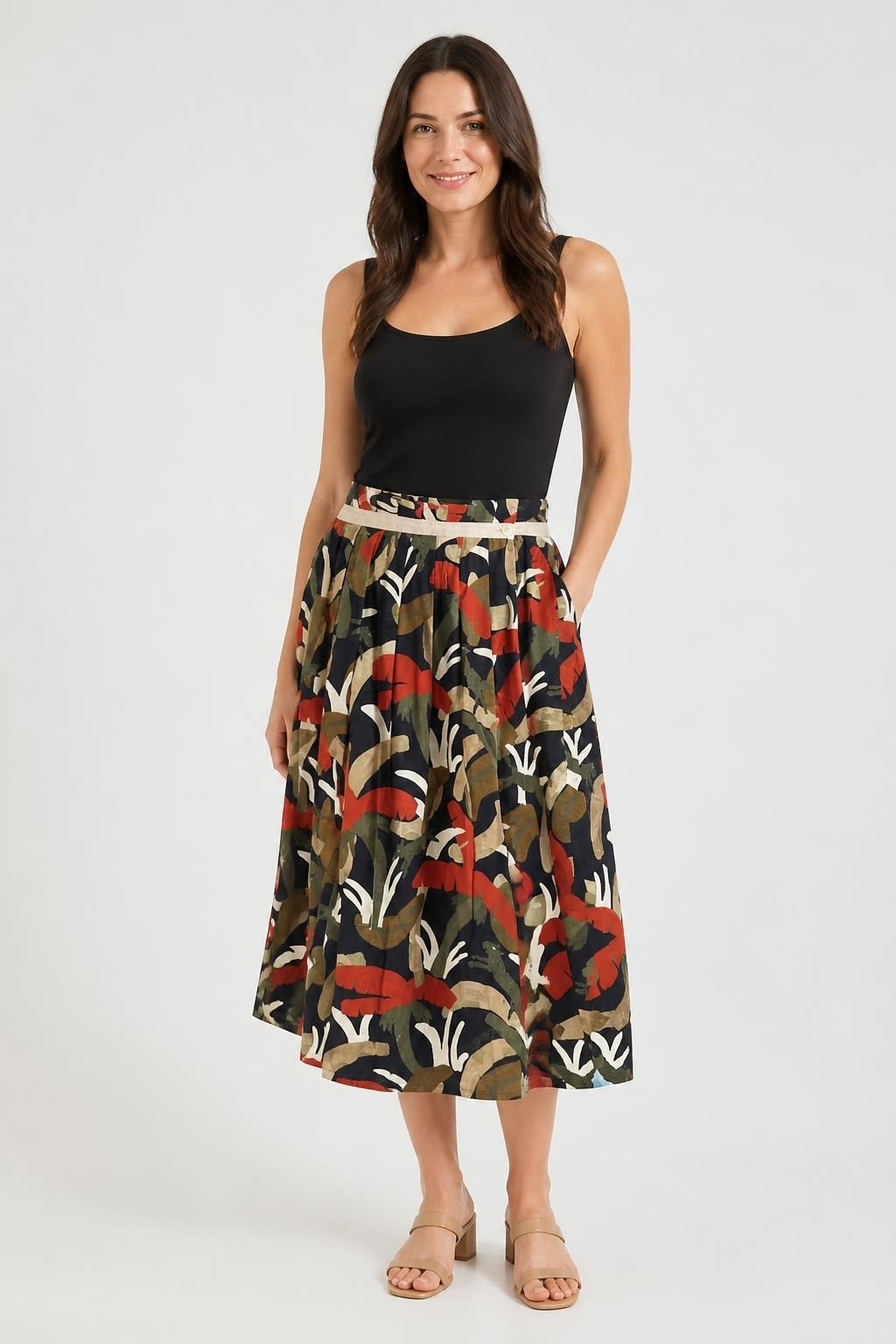 Tropical Print Navy Red Multicolor Midi Skirt | Pre-Loved | Why Go Less