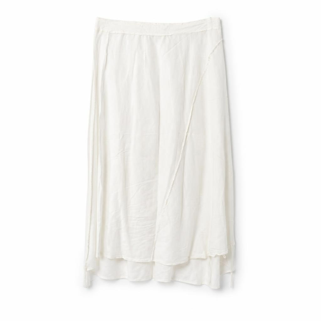 White linen midi skirt, layered hem, no brand visible - white studio shot, second-hand at Why Go Less, Dekwaneh, Lebanon