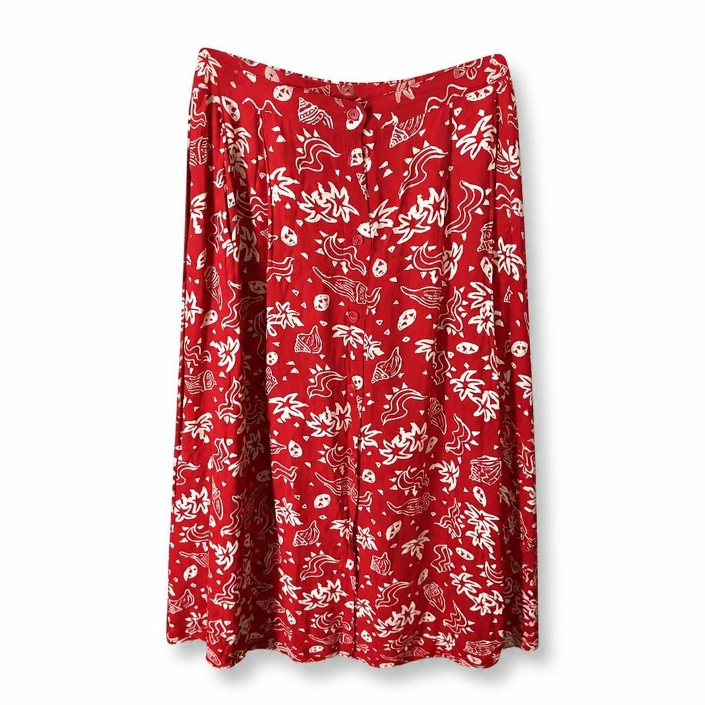 Red tropical print button-front midi skirt - white studio shot, second-hand at Why Go Less, Dekwaneh, Lebanon