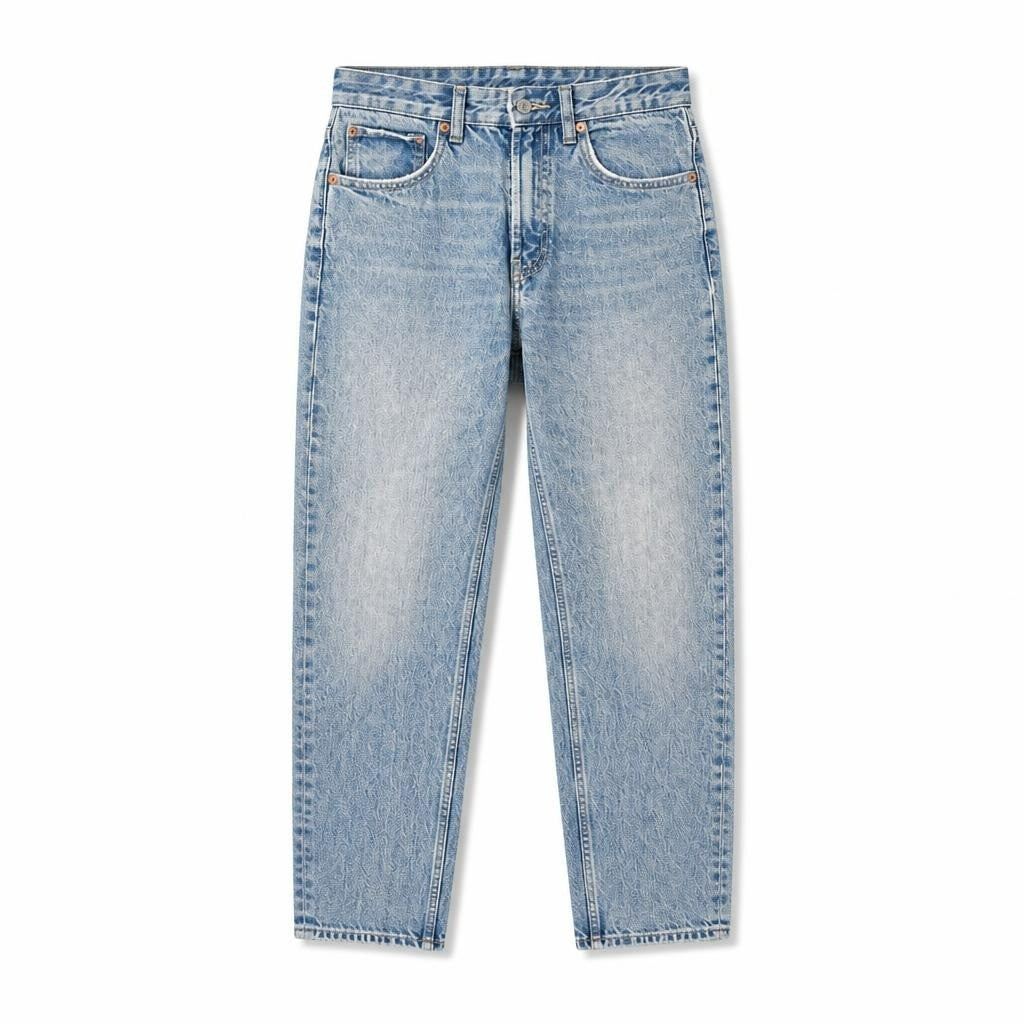 Zara light wash straight-leg jeans - white studio shot, second-hand at Why Go Less, Dekwaneh, Lebanon
