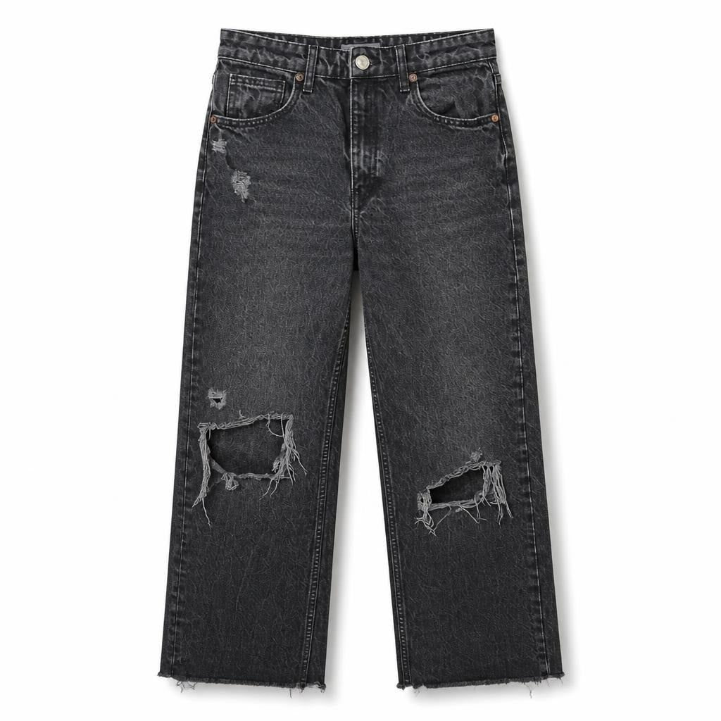 Black distressed ripped straight-leg jeans - white studio shot, second-hand at Why Go Less, Dekwaneh, Lebanon