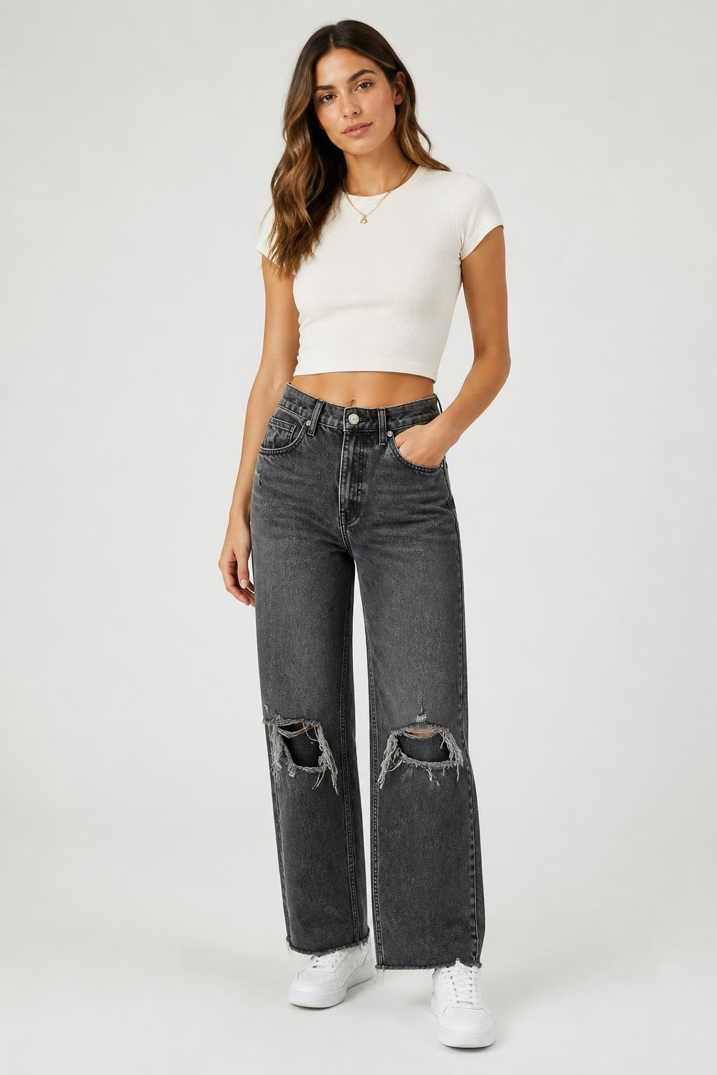 Black Distressed Ripped Straight-Leg Jeans | Pre-Loved | Why Go Less