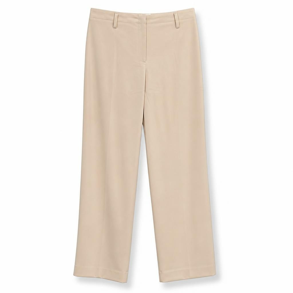 Beige wide-leg trousers, cream, size visible on tag - white studio shot, second-hand at Why Go Less, Dekwaneh, Lebanon