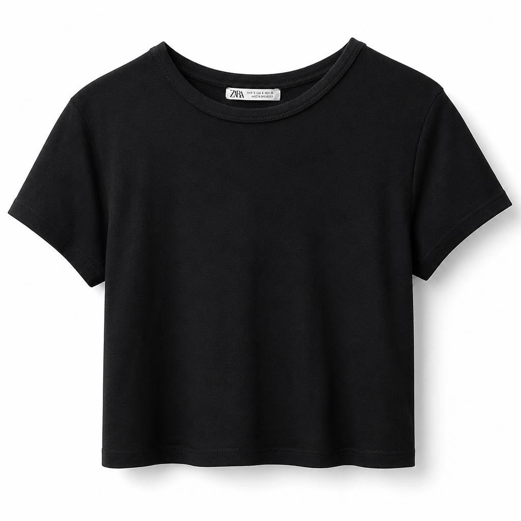 Zara black cropped short-sleeve knit tee - white studio shot, second-hand at Why Go Less, Dekwaneh, Lebanon