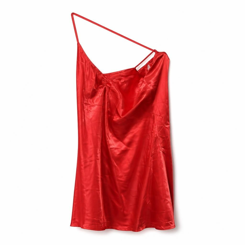 Red satin cowl-neck mini slip dress, ruched detail - white studio shot, second-hand at Why Go Less, Dekwaneh, Lebanon