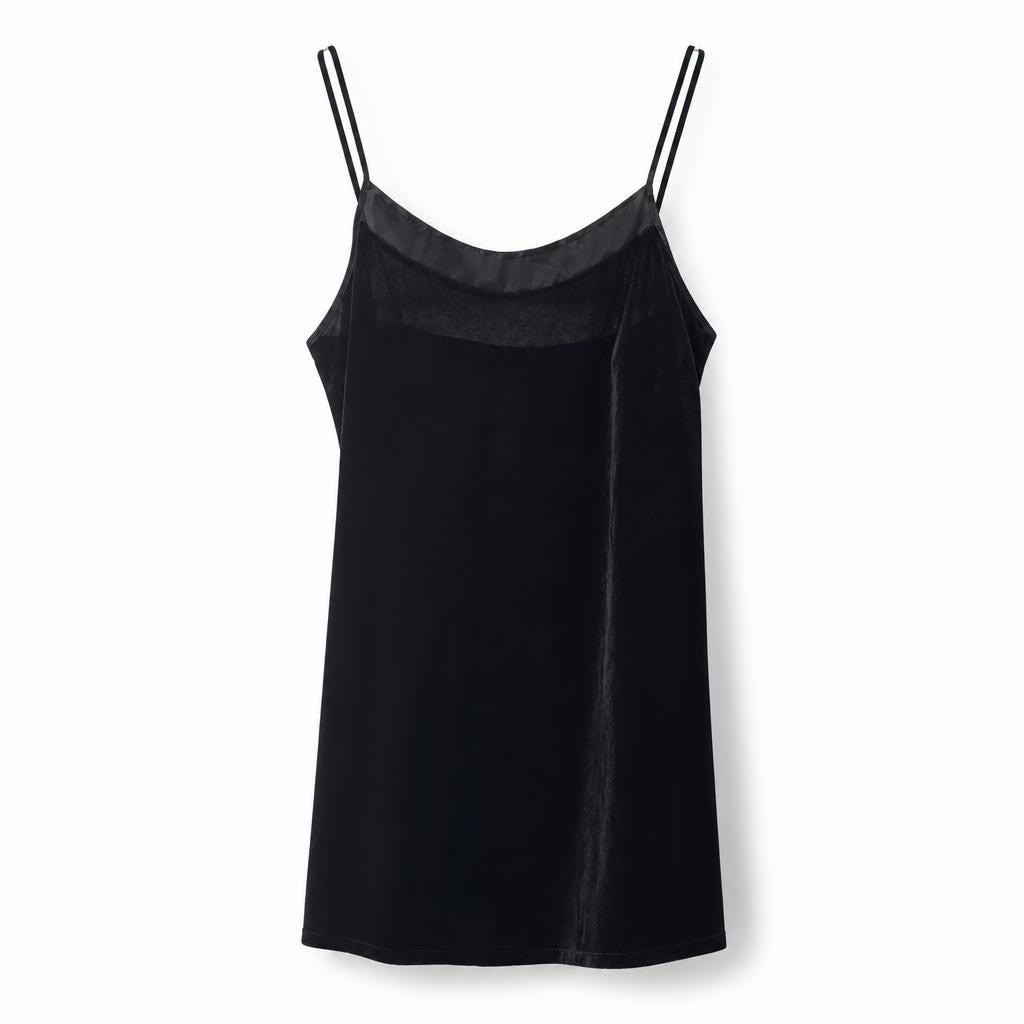 Black satin lace-trim cami mini slip dress - white studio shot, second-hand at Why Go Less, Dekwaneh, Lebanon
