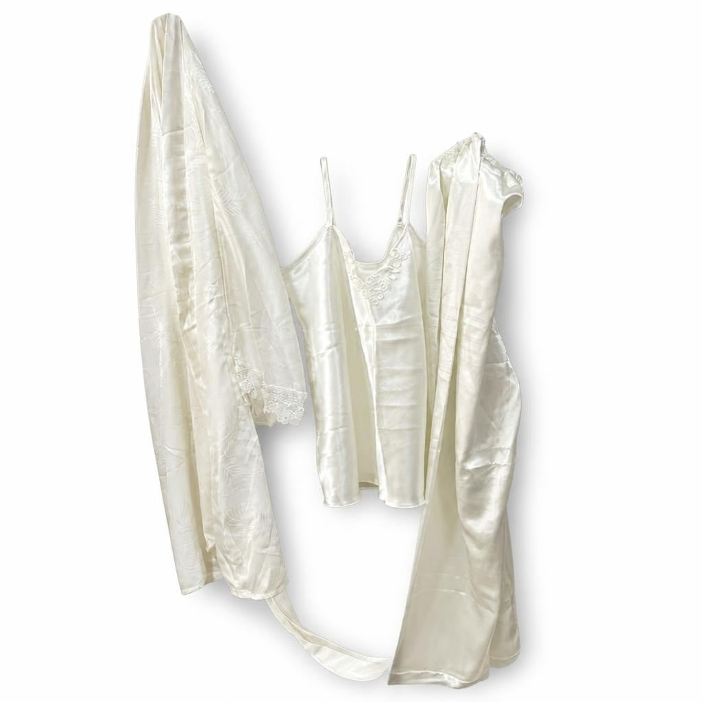 Satin slip dress set cream white, 3-piece - white studio shot, second-hand at Why Go Less, Dekwaneh, Lebanon