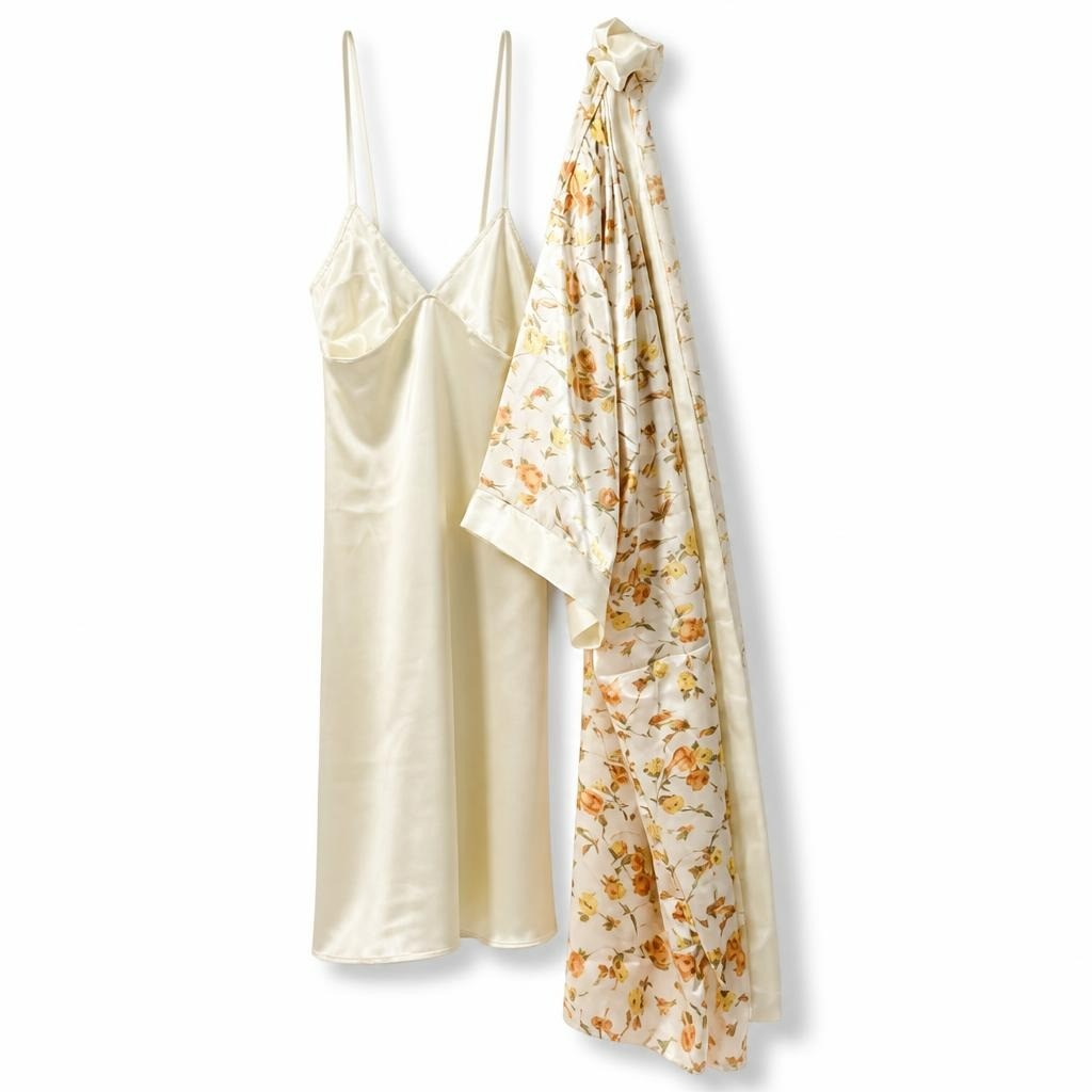 Satin slip dress cream floral print, S-M - white studio shot, second-hand at Why Go Less, Dekwaneh, Lebanon