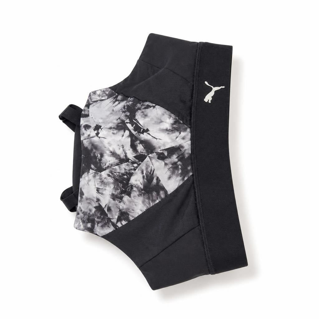 Puma sports bra black abstract print, S-M - white studio shot, second-hand at Why Go Less, Dekwaneh, Lebanon