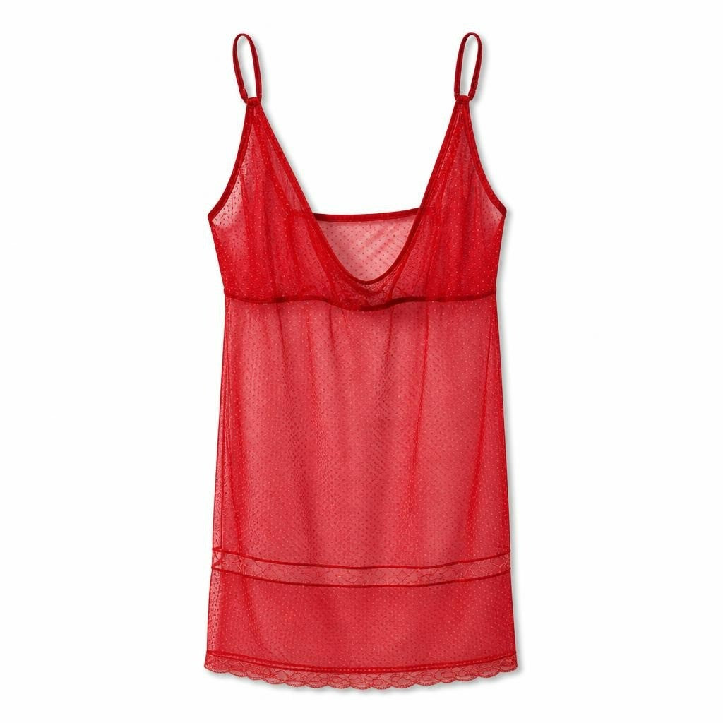 Red sheer mesh babydoll lingerie dress - white studio shot, second-hand at Why Go Less, Dekwaneh, Lebanon