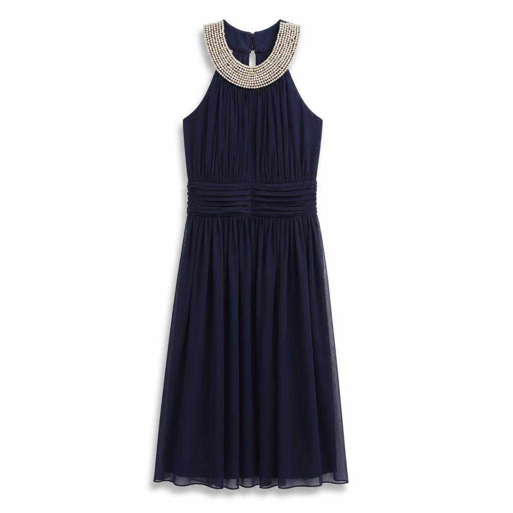 Navy blue halter dress with pearl collar detail - white studio shot, second-hand at Why Go Less, Dekwaneh, Lebanon