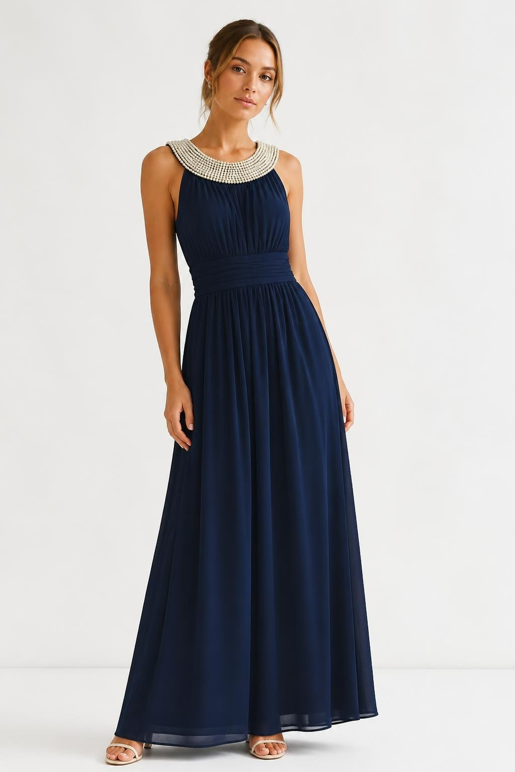Navy Blue Halter Dress With Pearl Collar Detail | Pre-Loved | Why Go Less