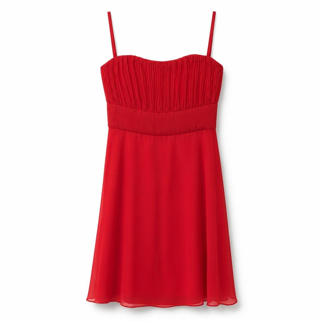 Red ruched strapless mini dress, chiffon skirt - white studio shot, second-hand at Why Go Less, Dekwaneh, Lebanon