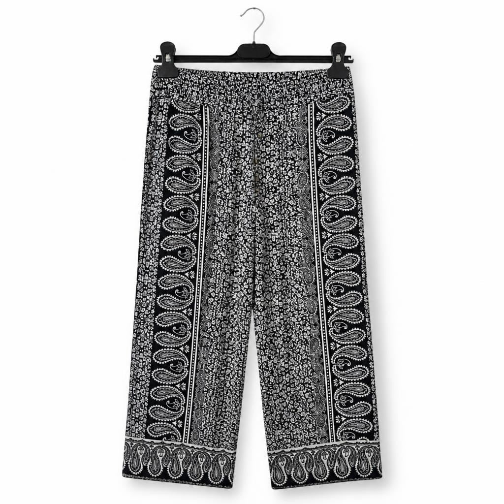 Navy paisley print wide-leg pants, blue/white - white studio shot, second-hand at Why Go Less, Dekwaneh, Lebanon