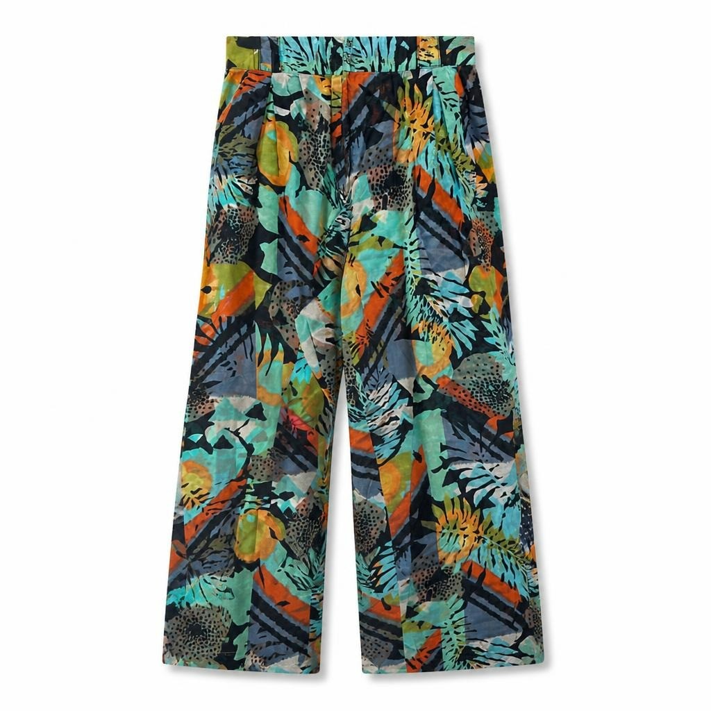 Tropical abstract print wide-leg pants, teal/orange - white studio shot, second-hand at Why Go Less, Dekwaneh, Lebanon