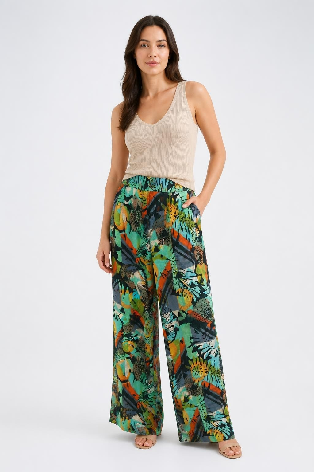 Tropical Abstract Print Wide-leg Pants, Teal/orange | Pre-Loved | Why Go Less