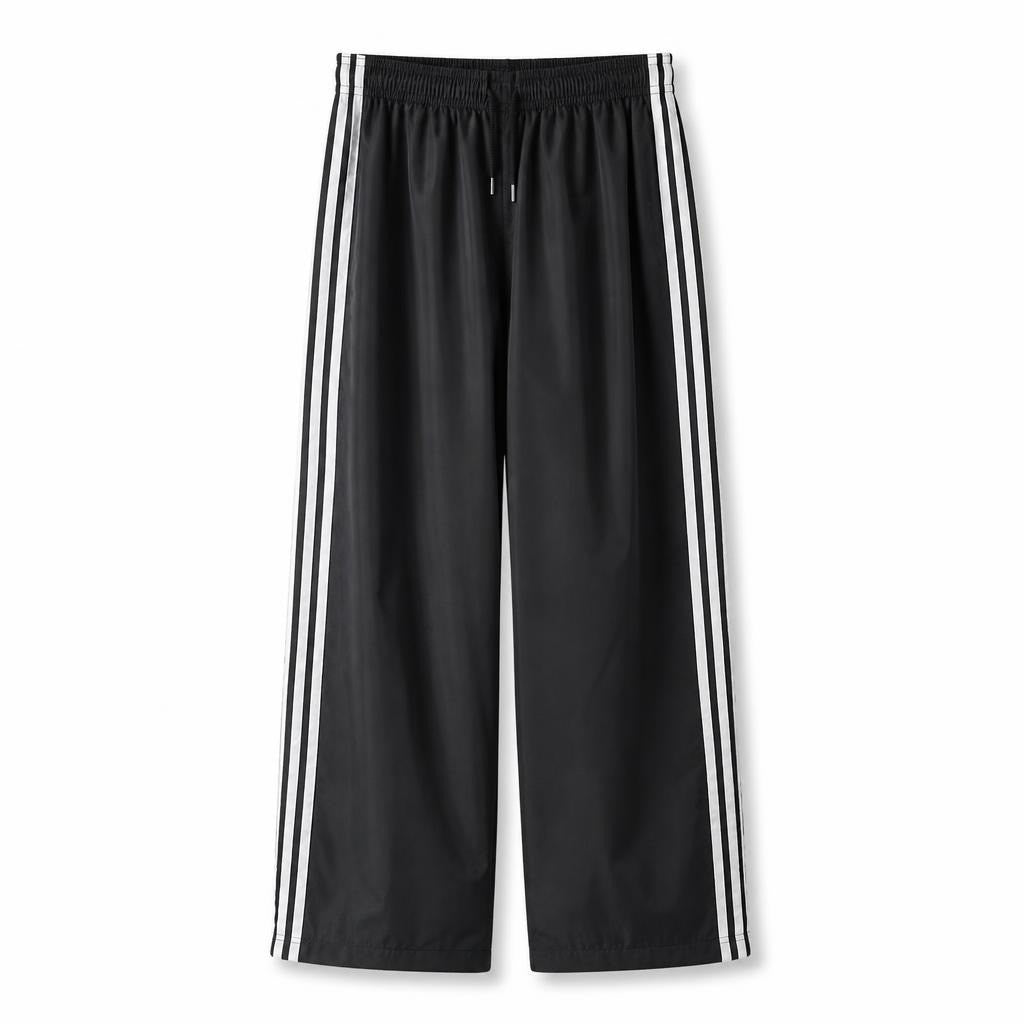 Black track pants with white side stripes, elastic waist - white studio shot, second-hand at Why Go Less, Dekwaneh, Lebanon