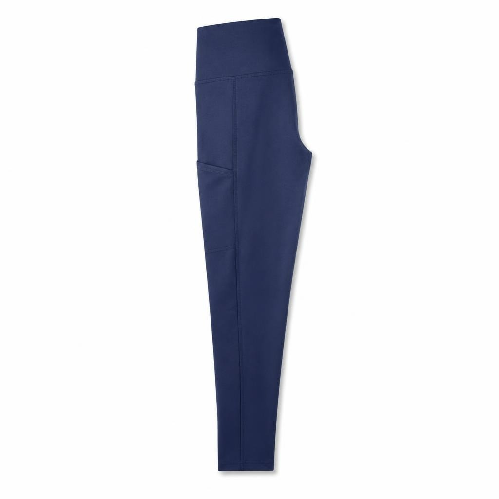 Navy blue high-waist leggings with side pocket - white studio shot, second-hand at Why Go Less, Dekwaneh, Lebanon
