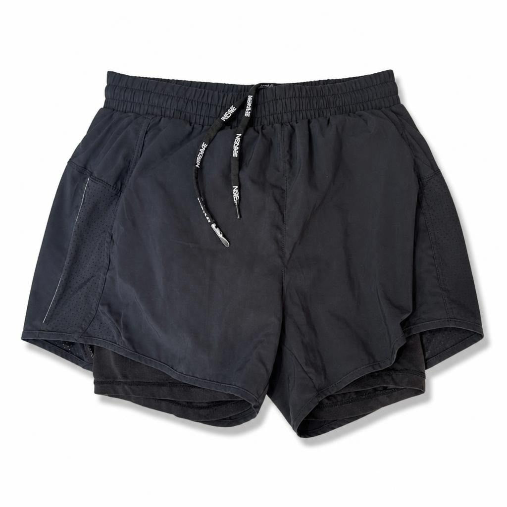 NeroMe black athletic shorts, double-layer - white studio shot, second-hand at Why Go Less, Dekwaneh, Lebanon