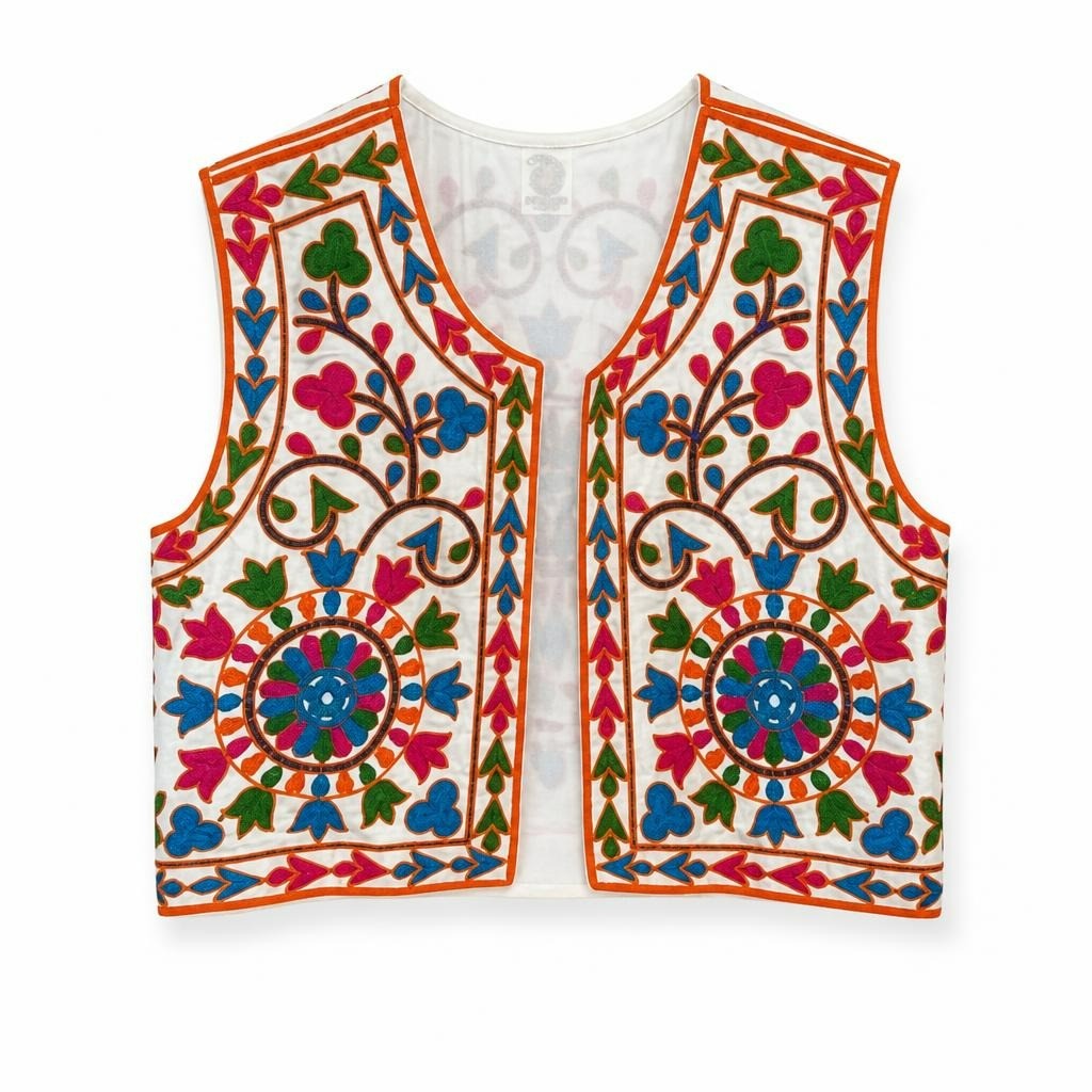 Sunnira embroidered boho floral vest, white/multicolor - white studio shot, second-hand at Why Go Less, Dekwaneh, Lebanon