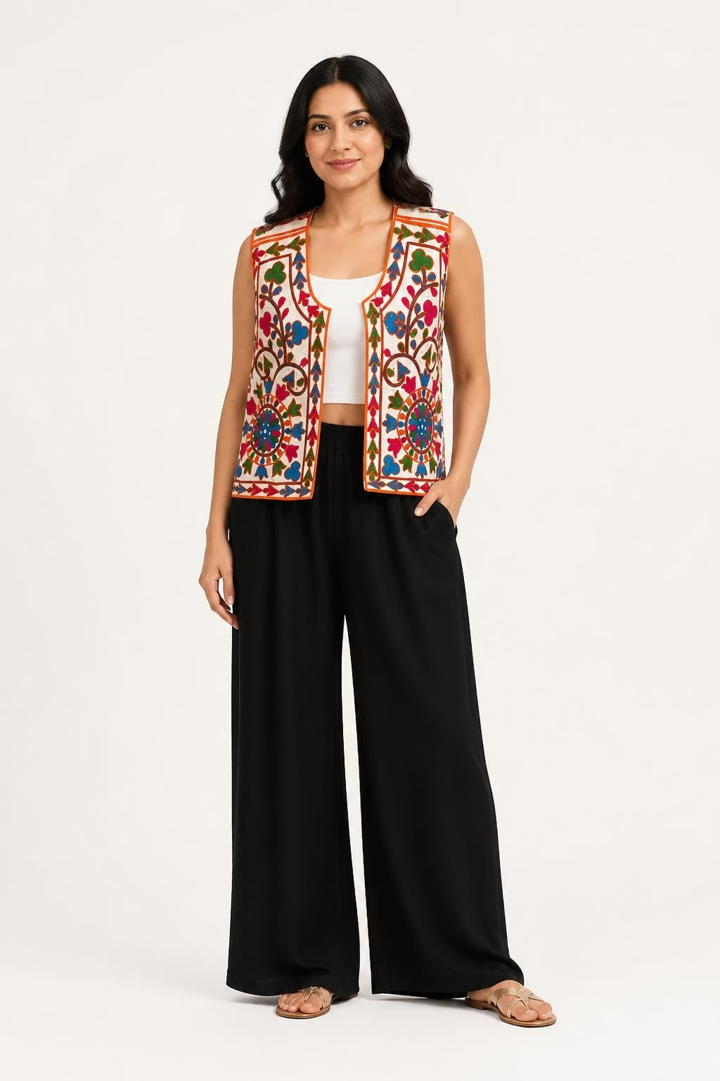 Sunnira White Multicolor Embroidered Boho Floral Vest | Pre-Loved | Why Go Less