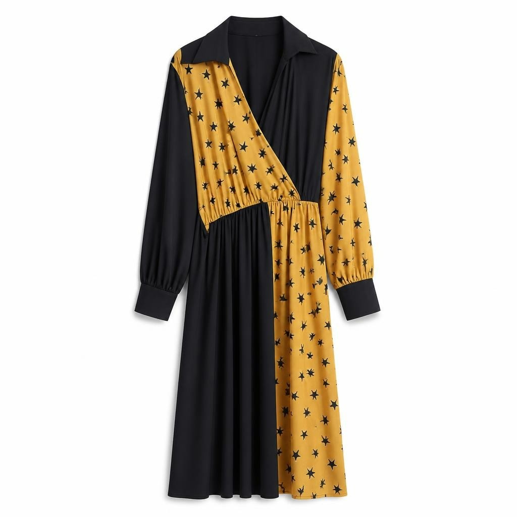 Les Filles black & mustard star print maxi dress - white studio shot, second-hand at Why Go Less, Dekwaneh, Lebanon