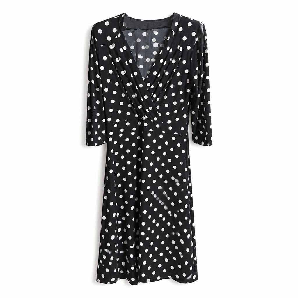Black & white polka dot wrap midi dress - white studio shot, second-hand at Why Go Less, Dekwaneh, Lebanon