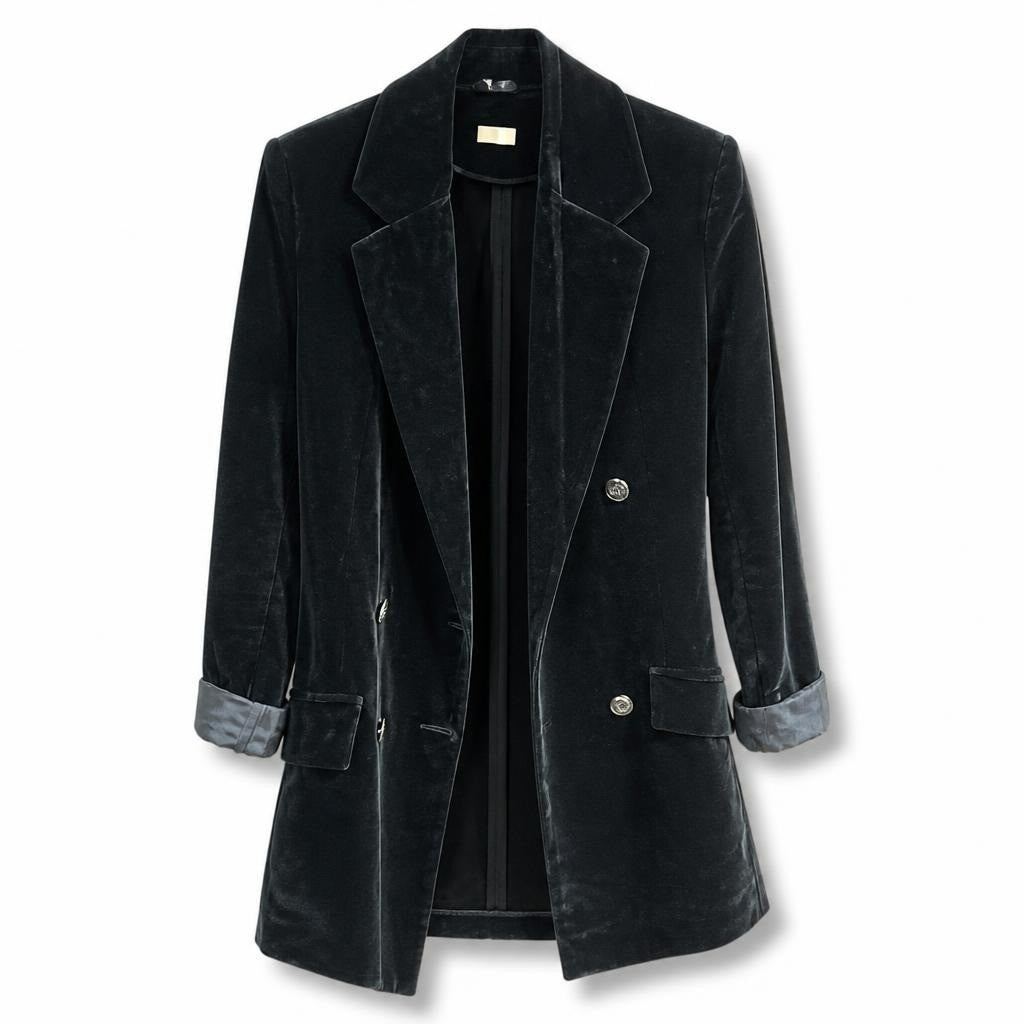 Black velvet double-breasted blazer, silver buttons - white studio shot, second-hand at Why Go Less, Dekwaneh, Lebanon