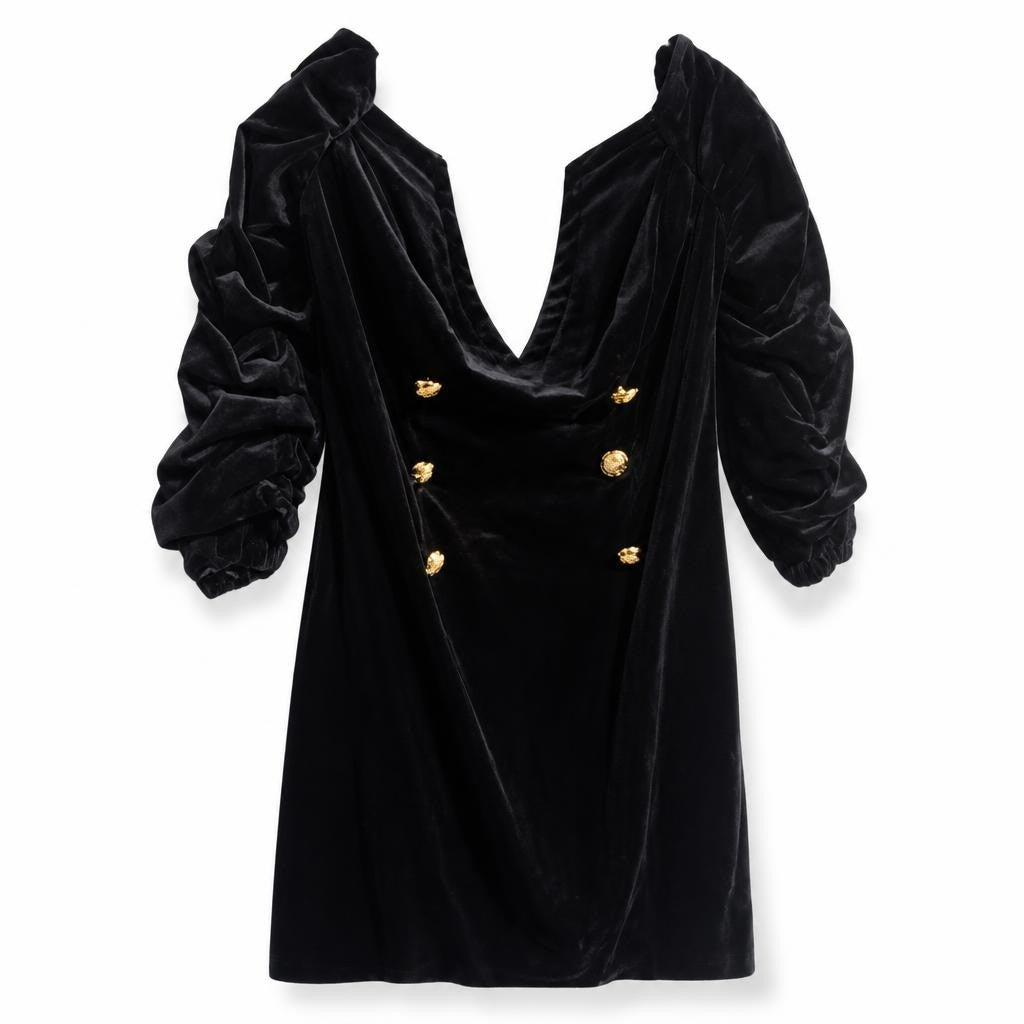 Black velvet cowl-neck mini dress, gold buttons - white studio shot, second-hand at Why Go Less, Dekwaneh, Lebanon