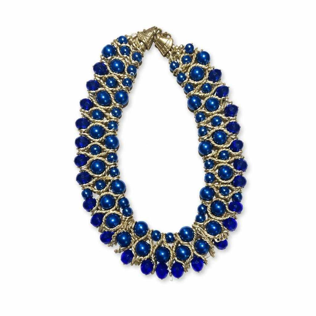 Blue pearl & crystal beaded gold-tone choker necklace - white studio shot, second-hand at Why Go Less, Dekwaneh, Lebanon