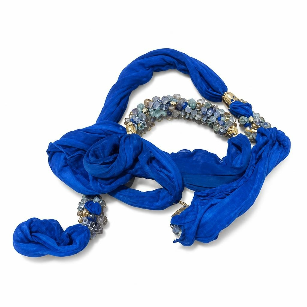 Royal blue fabric scarf necklace with crystal beads - white studio shot, second-hand at Why Go Less, Dekwaneh, Lebanon