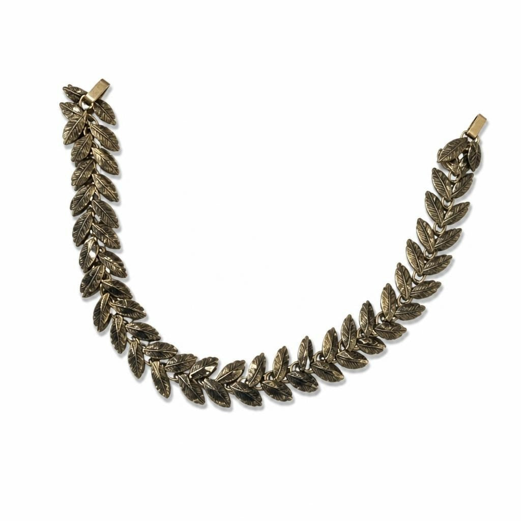 Gold-tone leaf chain statement necklace - white studio shot, second-hand at Why Go Less, Dekwaneh, Lebanon