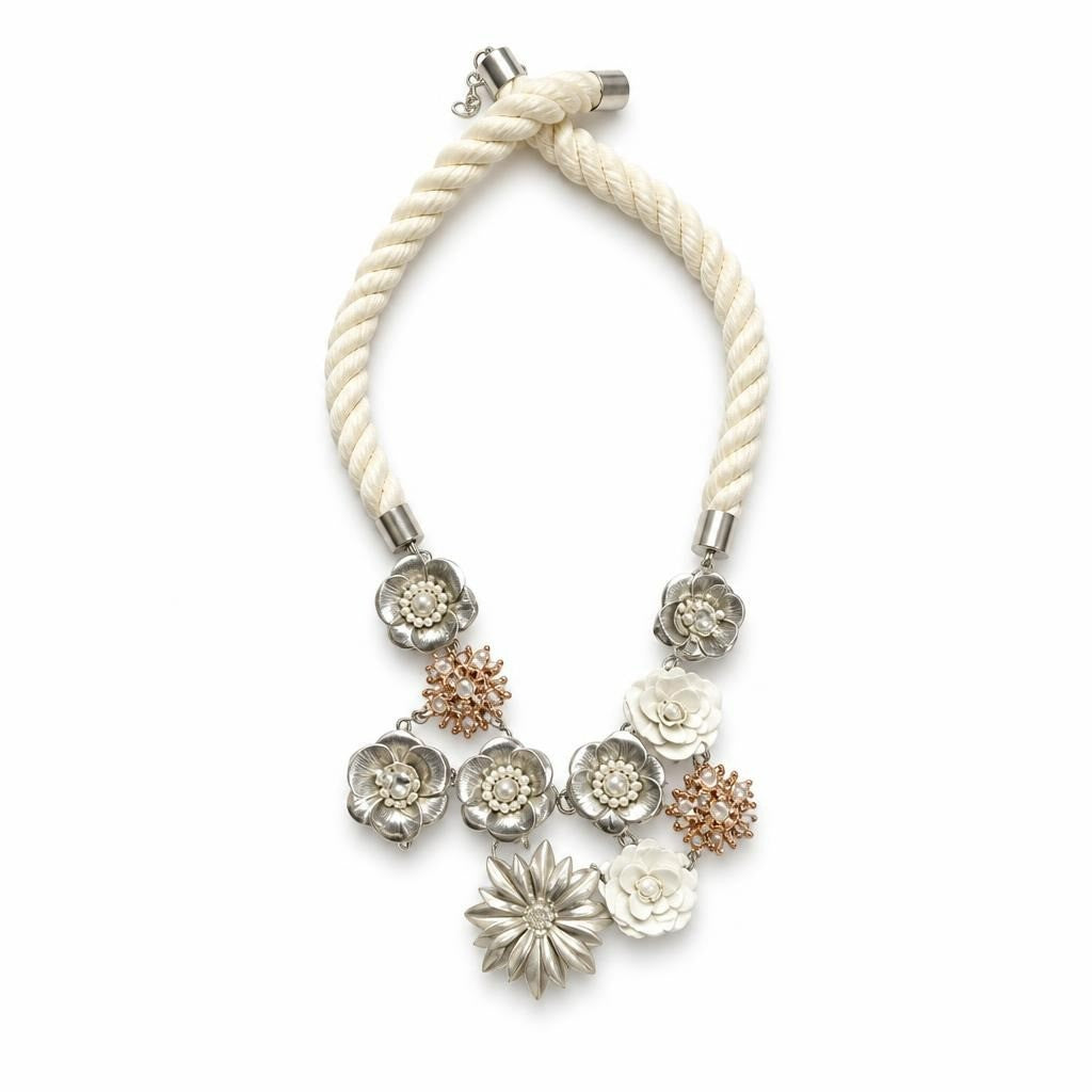 Rope cord floral statement necklace silver tone - white studio shot, second-hand at Why Go Less, Dekwaneh, Lebanon
