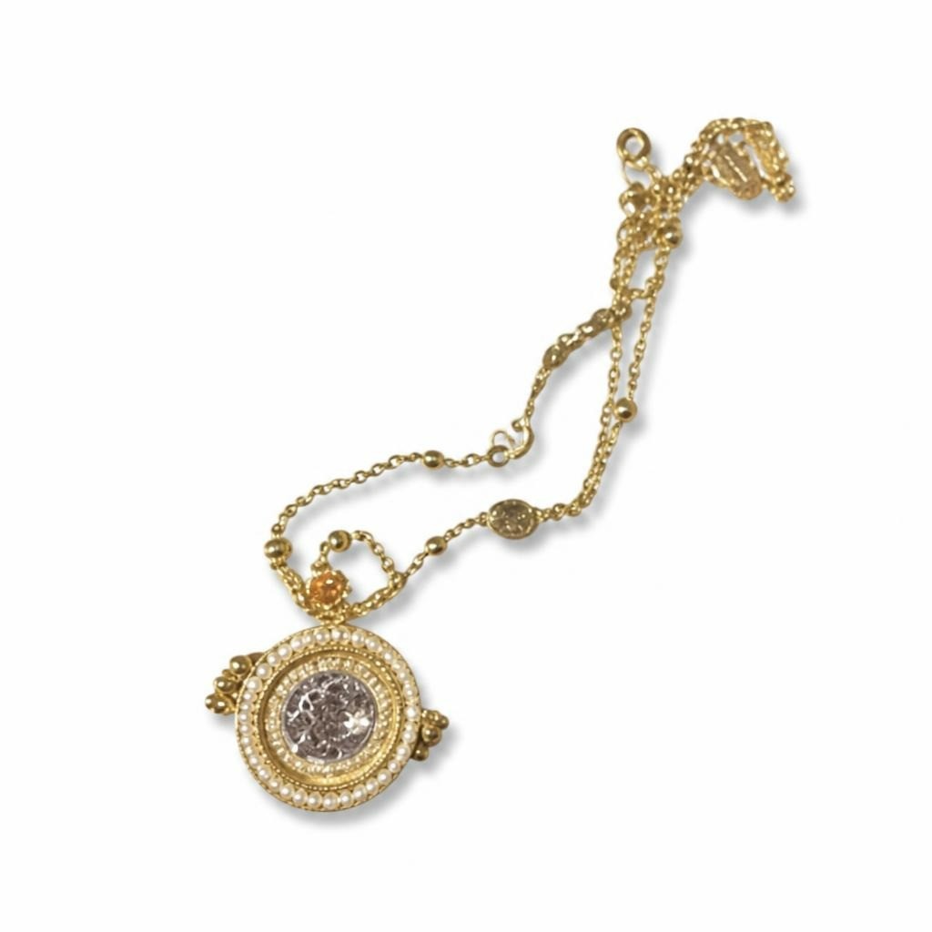 Gold-tone coin pendant necklace with crystal halo - white studio shot, second-hand at Why Go Less, Dekwaneh, Lebanon