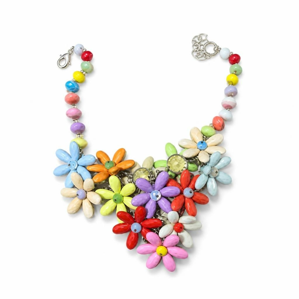Multicolor floral statement bib necklace, beaded - white studio shot, second-hand at Why Go Less, Dekwaneh, Lebanon