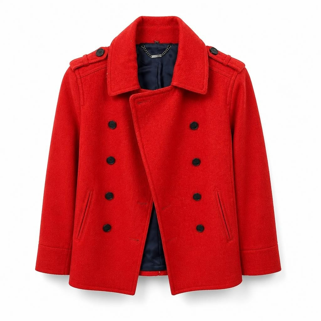 Red double-breasted wool peacoat, dark buttons - white studio shot, second-hand at Why Go Less, Dekwaneh, Lebanon