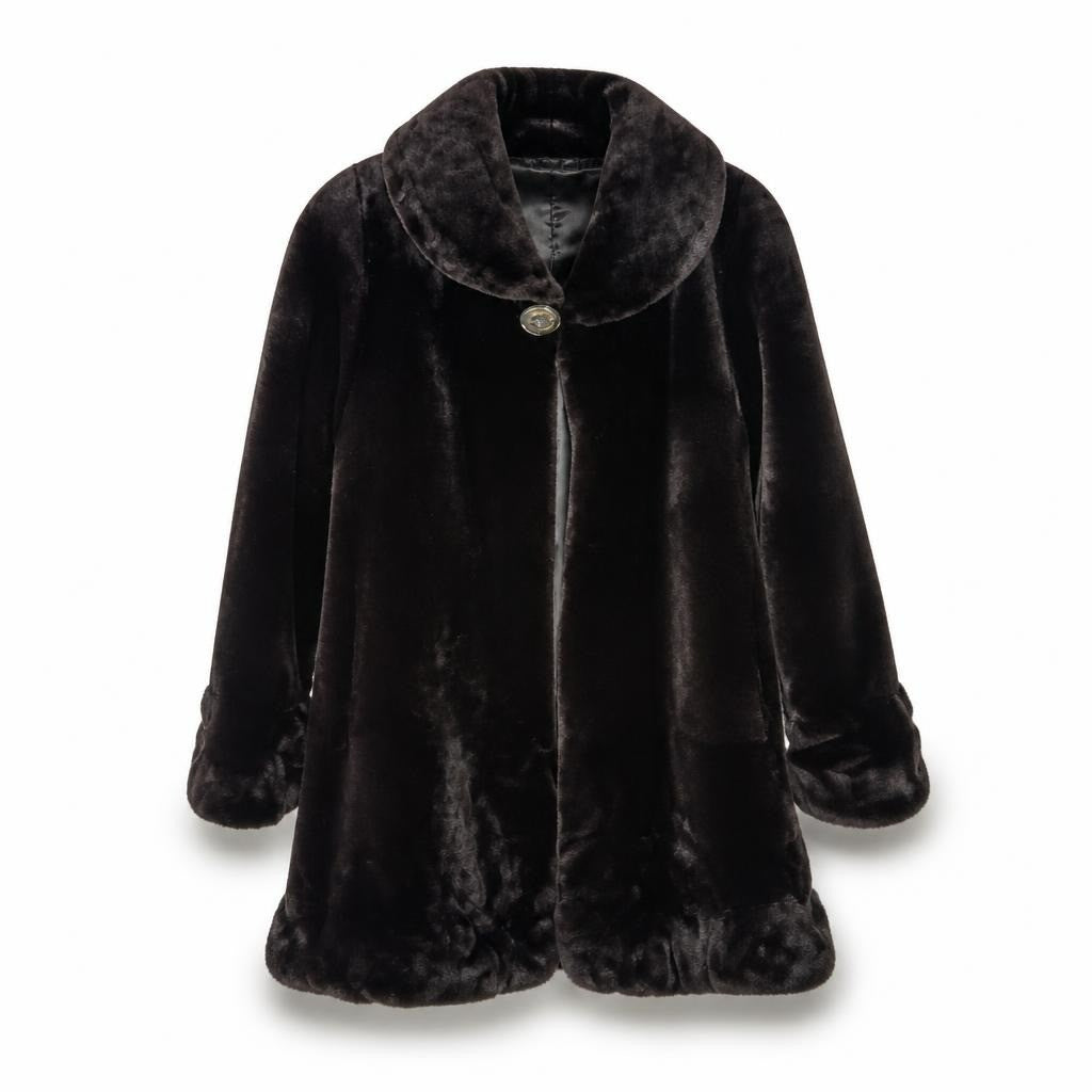 Black faux fur vintage swing coat - white studio shot, second-hand at Why Go Less, Dekwaneh, Lebanon