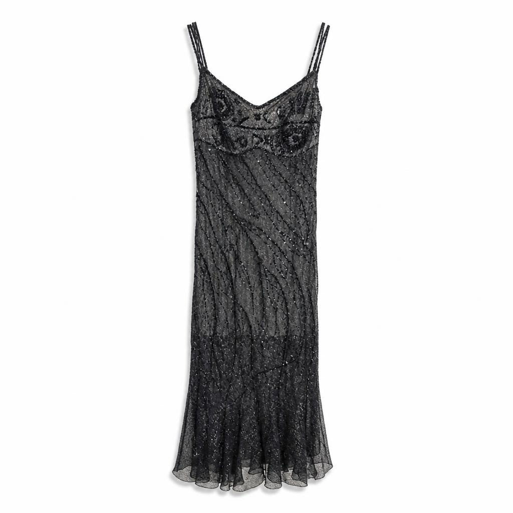 Black beaded mesh evening gown, spaghetti strap - white studio shot, second-hand at Why Go Less, Dekwaneh, Lebanon