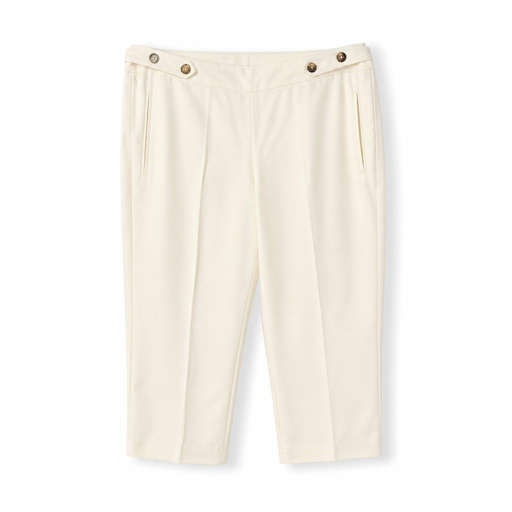 Cream leather-look cropped trousers, gold buttons - white studio shot, second-hand at Why Go Less, Dekwaneh, Lebanon