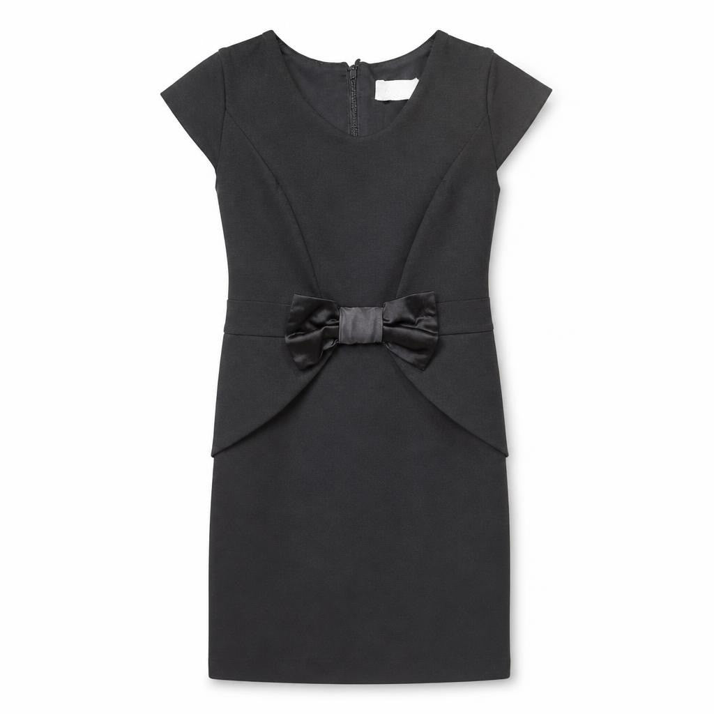 Black mini dress with satin bow, size XS - white studio shot, second-hand at Why Go Less, Dekwaneh, Lebanon