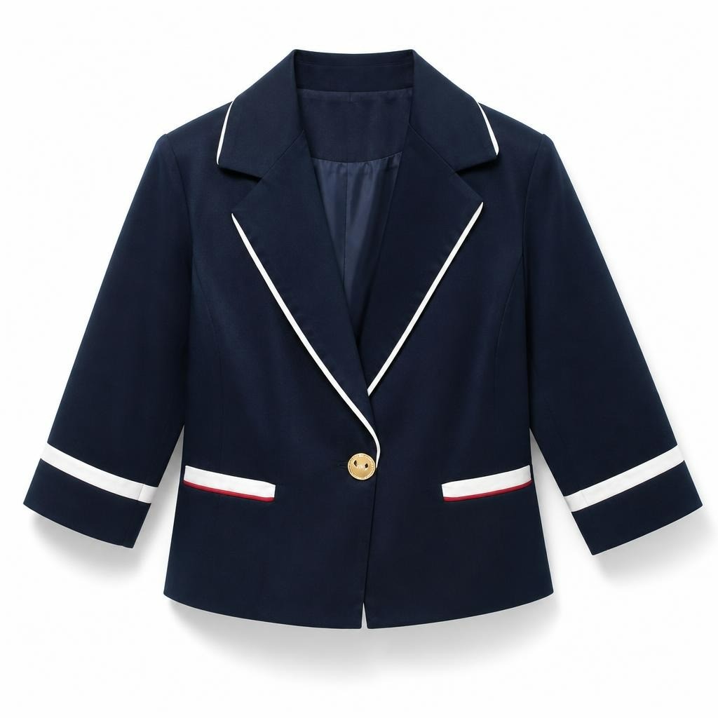 Azig navy cropped blazer white trim, size 40 - white studio shot, second-hand at Why Go Less, Dekwaneh, Lebanon