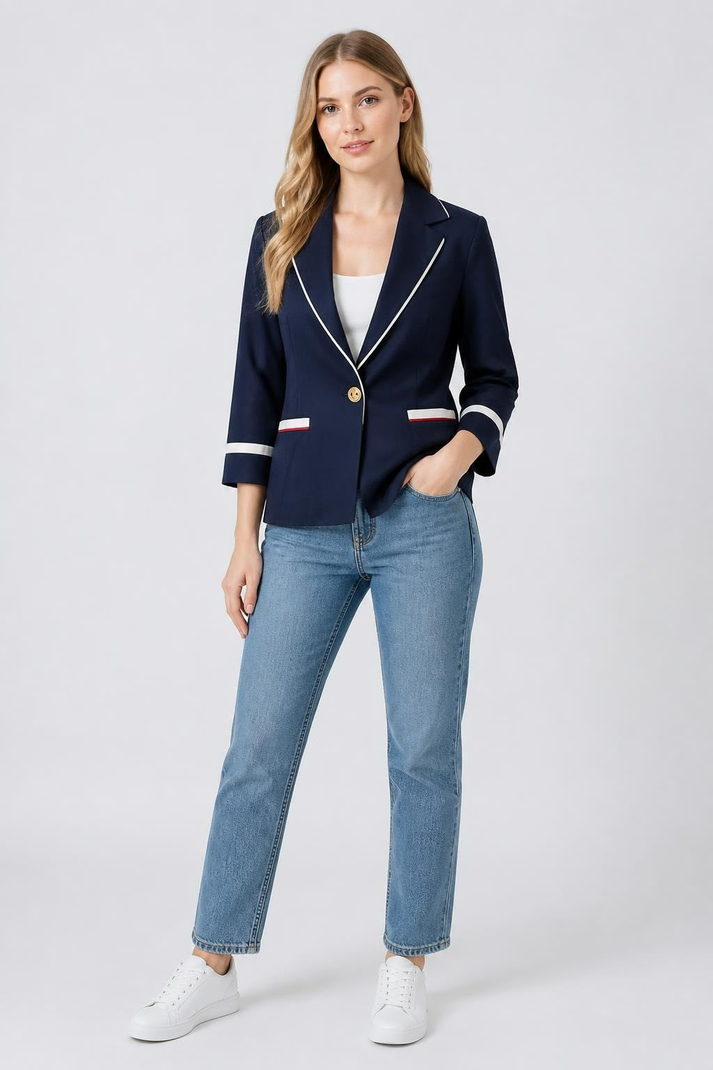 Azig Navy Cropped Blazer White Trim Size 40 | Pre-Loved | Why Go Less