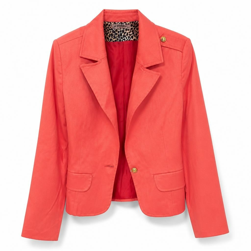 Coral cropped blazer gold buttons, lined - white studio shot, second-hand at Why Go Less, Dekwaneh, Lebanon