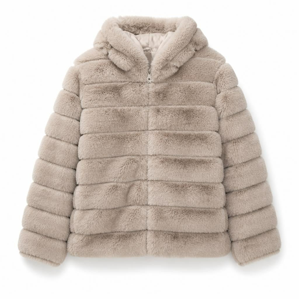 Beige faux fur striped zip-up jacket - white studio shot, second-hand at Why Go Less, Dekwaneh, Lebanon