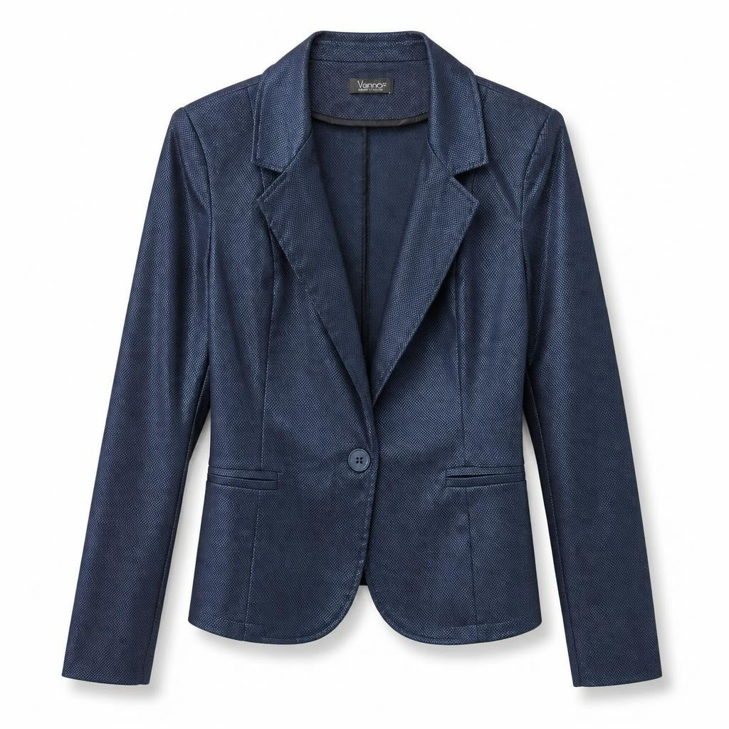 Navy blue textured single-button blazer, Verso - white studio shot, second-hand at Why Go Less, Dekwaneh, Lebanon