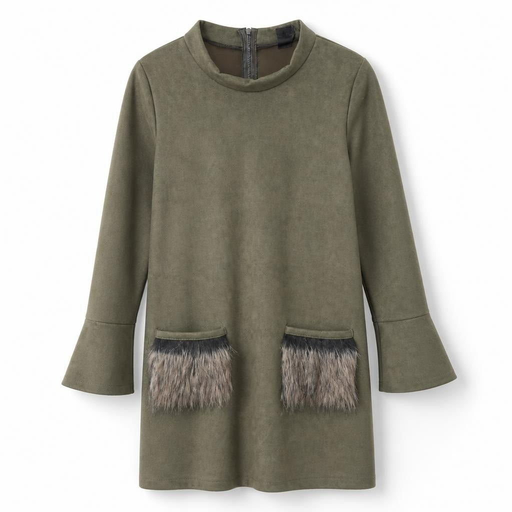 Olive green suede mini dress with fur pockets - white studio shot, second-hand at Why Go Less, Dekwaneh, Lebanon