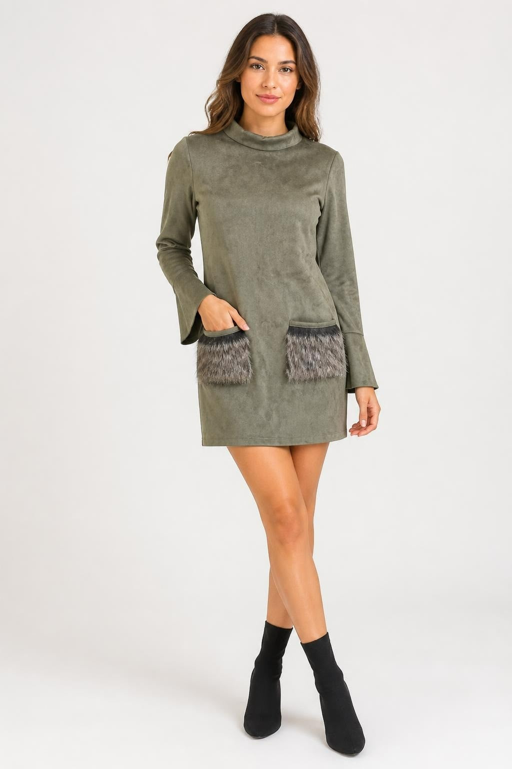 Olive Green Suede Mini Dress Fur Pockets | Pre-Loved | Why Go Less
