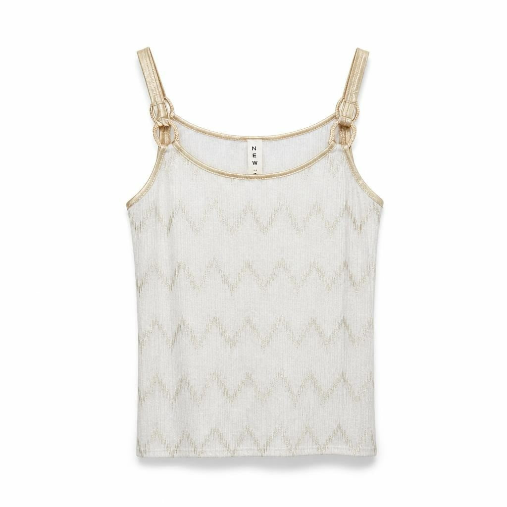 White gold zigzag metallic cami top, NEW - white studio shot, second-hand at Why Go Less, Dekwaneh, Lebanon